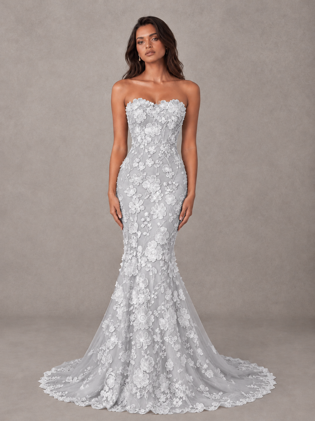 BOLODOO Silver Strapless 3D Floral Lace Mermaid Prom Dress with Train - Silver - Silver_1