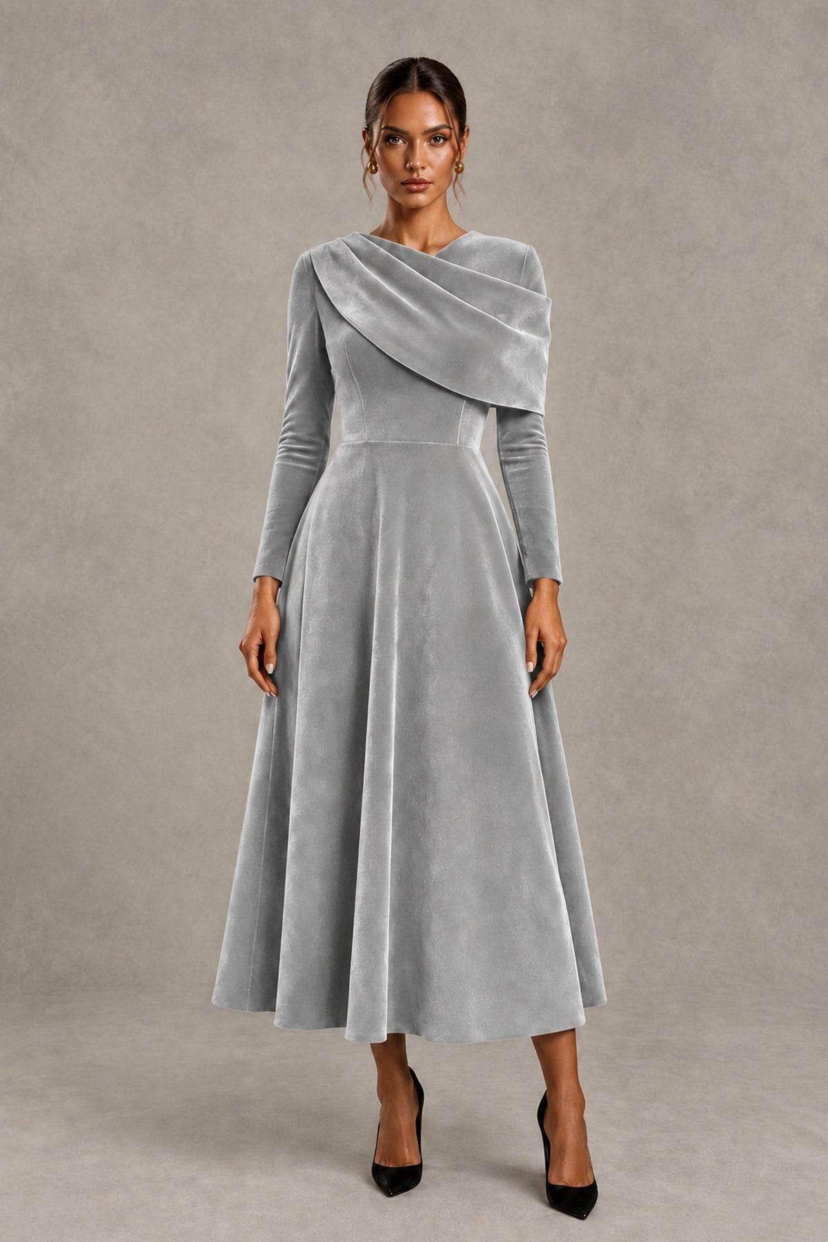 BOLODOO Silver Velvet-Look Long Sleeve Tea-Length A-Line Dress with Draped Neckline - Silver - Silver_1