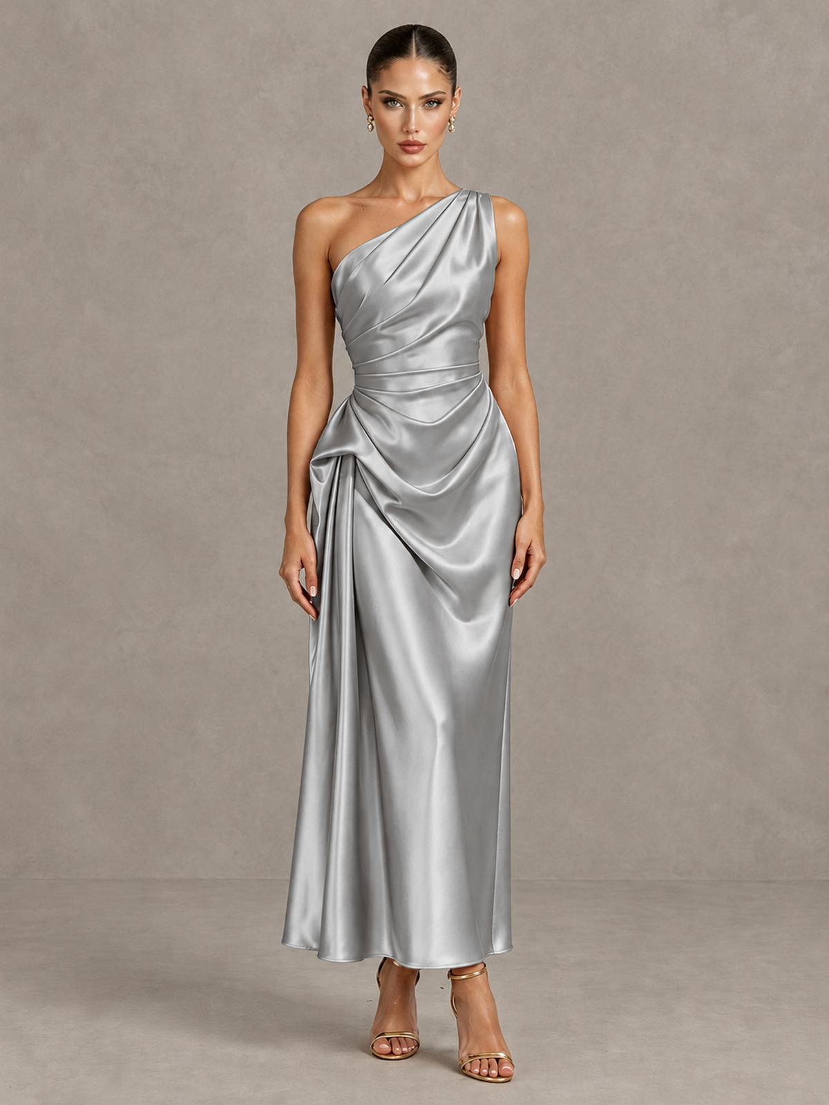BOLODOO Silver One Shoulder Satin Cocktail Dress with Draped A-Line Skirt - Silver - Silver_1