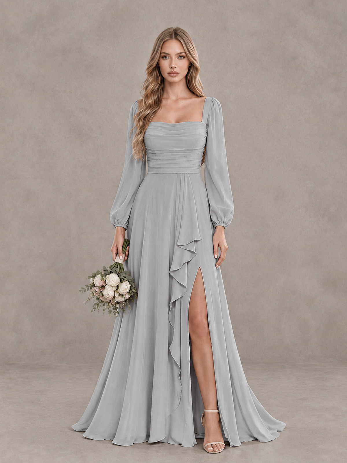 BOLODOO Silver Square Neck Long Sleeve Bridesmaid Dress with Ruffle Slit - Silver - Silver_1