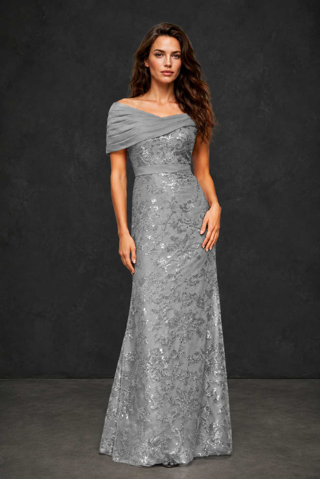 BOLODOO Silver Off-Shoulder Sequin Lace Mermaid Evening Gown | Mother of the Bride Formal Dress - Silver