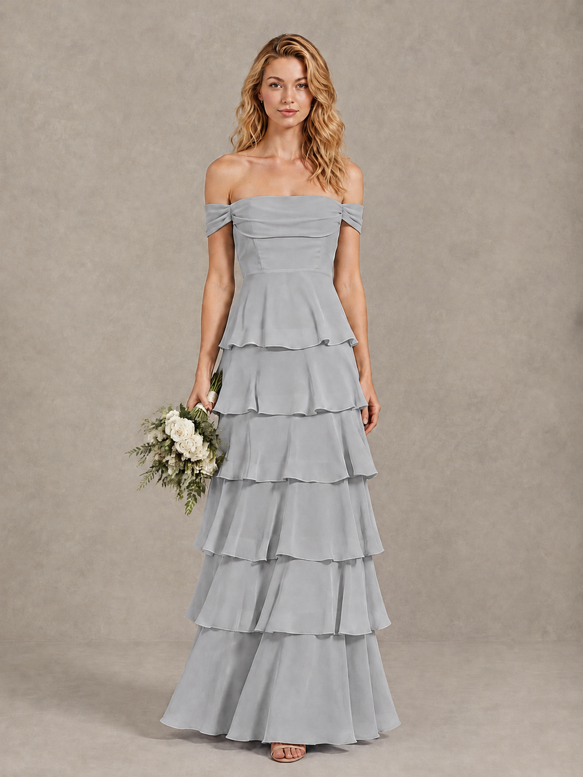 BOLODOO Silver Off-Shoulder Tiered Ruffle Bridesmaid Dress with Lace-Up Back - Silver - Silver_1