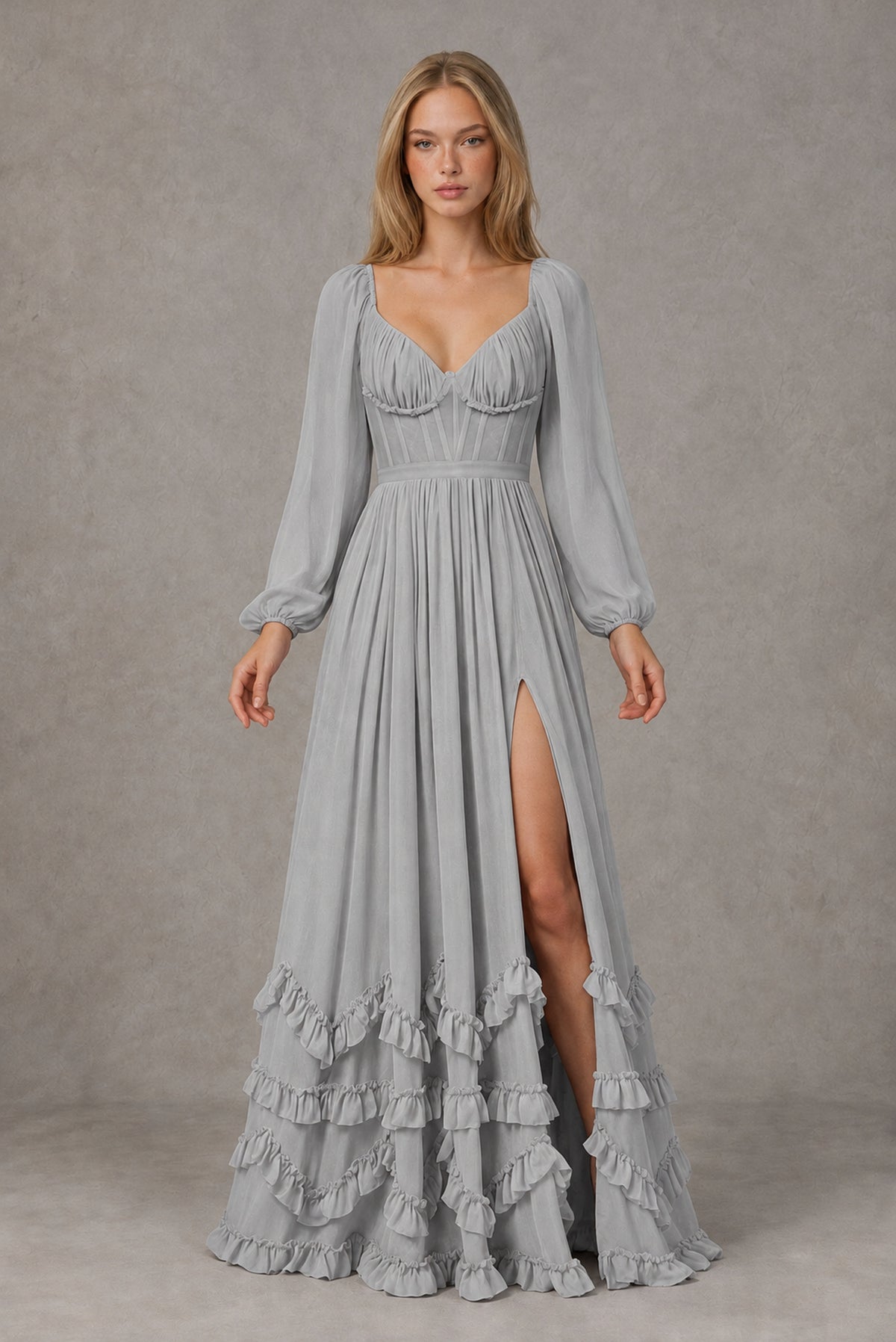 Silver Long-Sleeve Ruffle Maxi Dress with Lace-Up Back and Slit - Silver