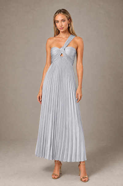 BOLODOO Silver One-Shoulder Twist Knot Pleated Satin Midi Dress with Cutout - Silver - Silver_1