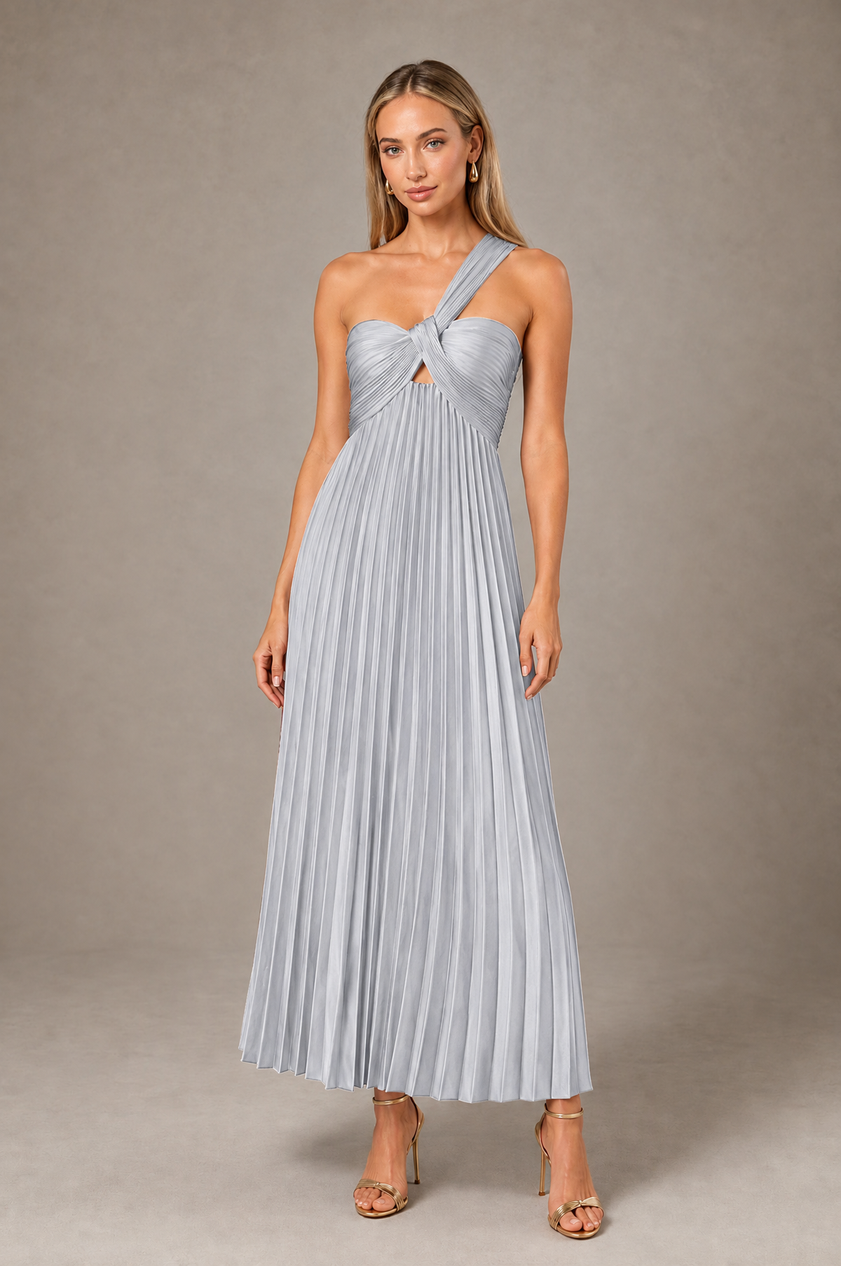 BOLODOO Silver One-Shoulder Twist Knot Pleated Satin Midi Dress with Cutout - Silver - Silver_1