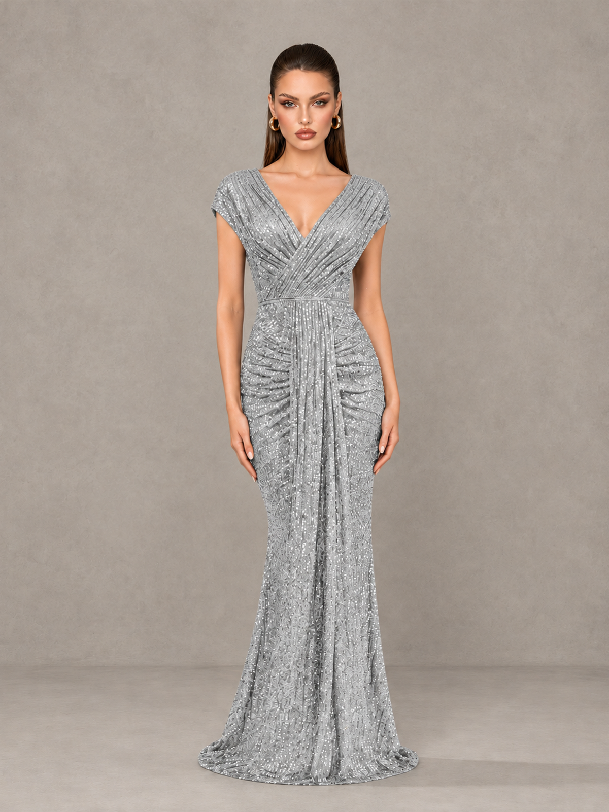BOLODOO Silver Glitter V-Neck Cap Sleeve Ruched Mermaid Evening Gown - Silver - Silver_1
