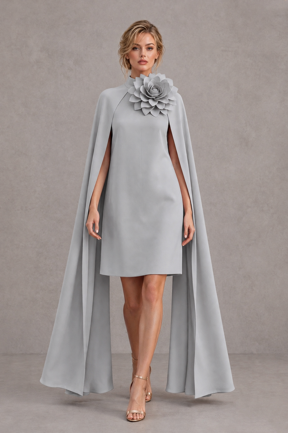BOLODOO Silver High Neck Floral Cape Mini Cocktail Dress - Silver - Silver_1