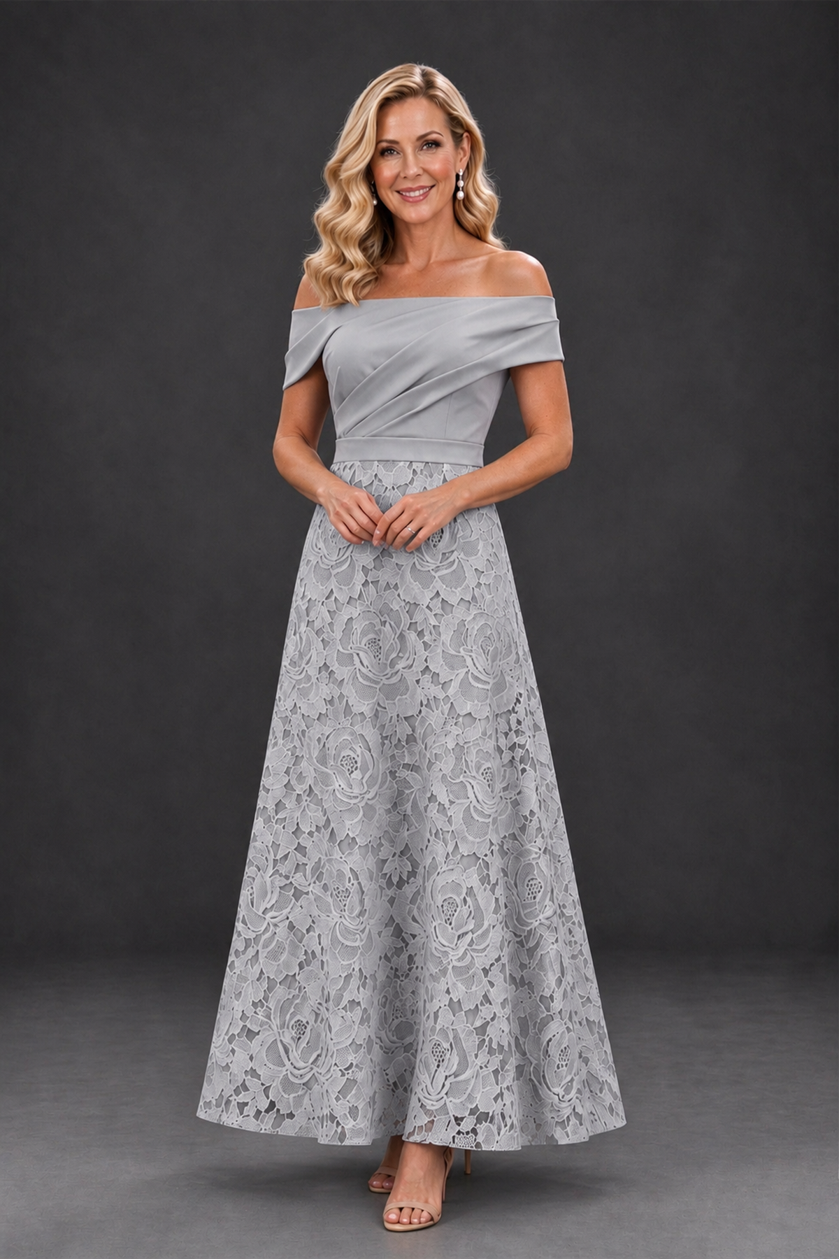 BOLODOO Silver Off-the-Shoulder Floral A-Line Mother of the Bride Dress - Silver - Silver_1