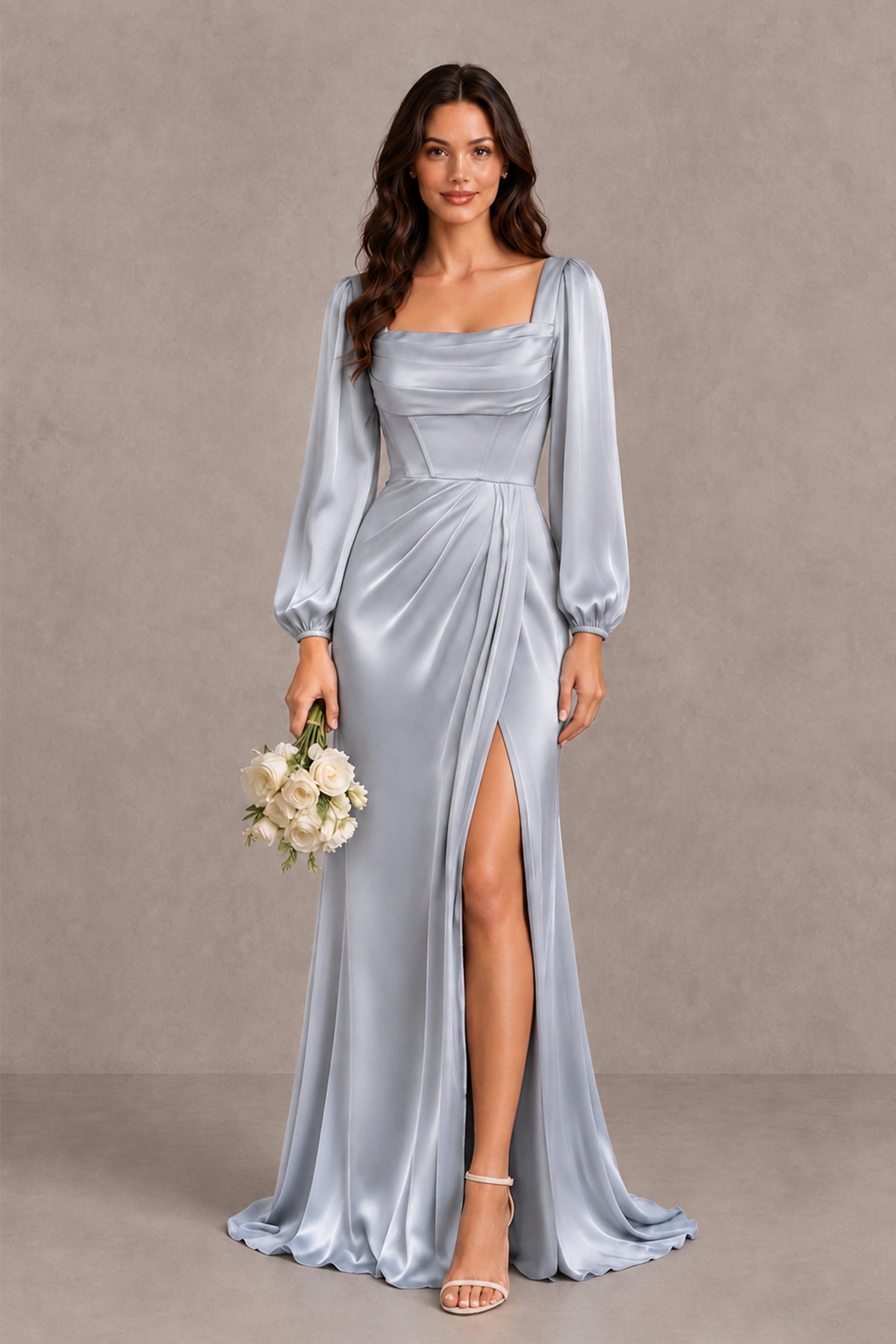 BOLODOO Silver Satin-Look Long Sleeve Evening Dress with High Slit - Silver - Silver_1