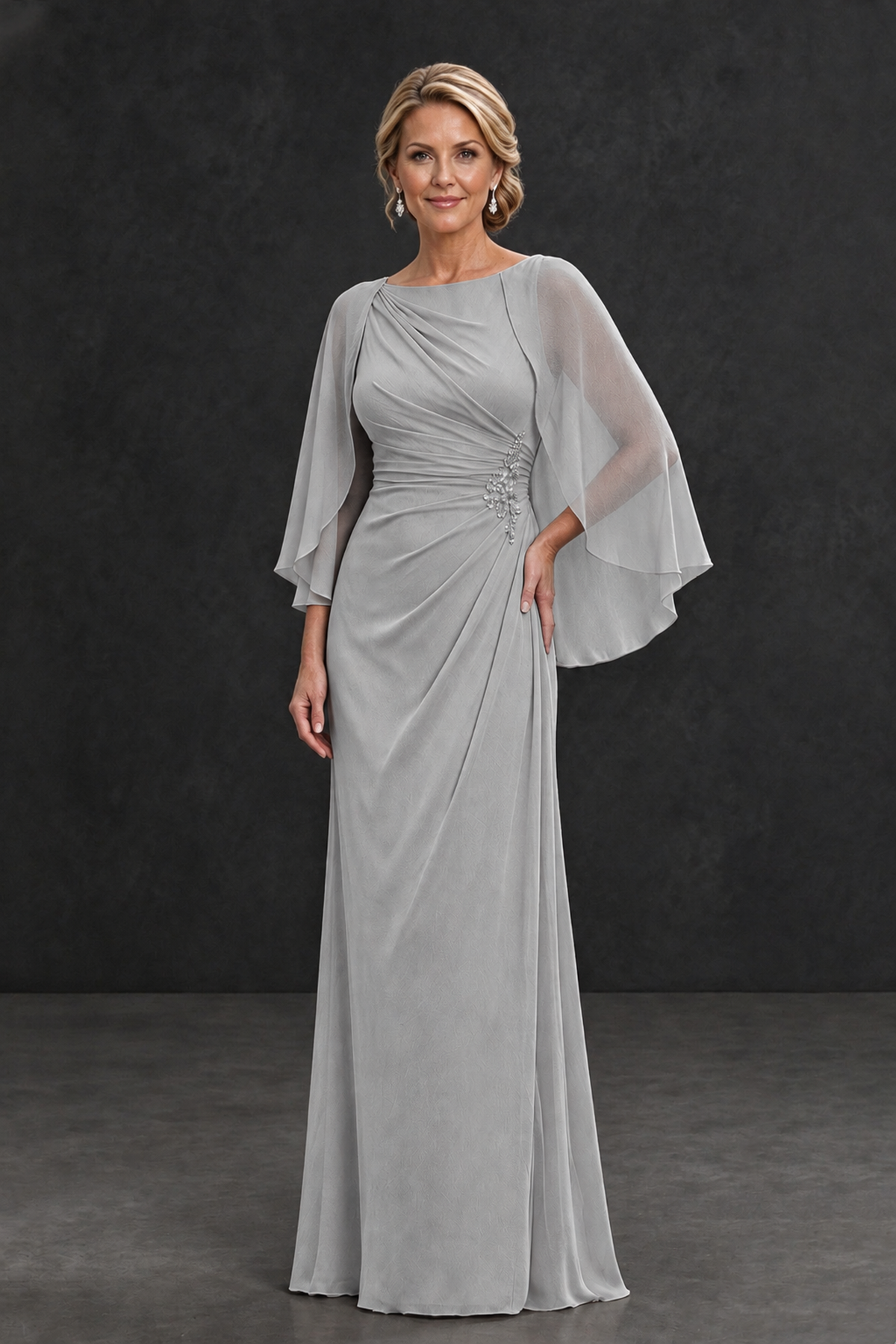 BOLODOO Silver Cape Sleeve Mother of the Bride Dress with Ruched Waist - Silver - Silver_1