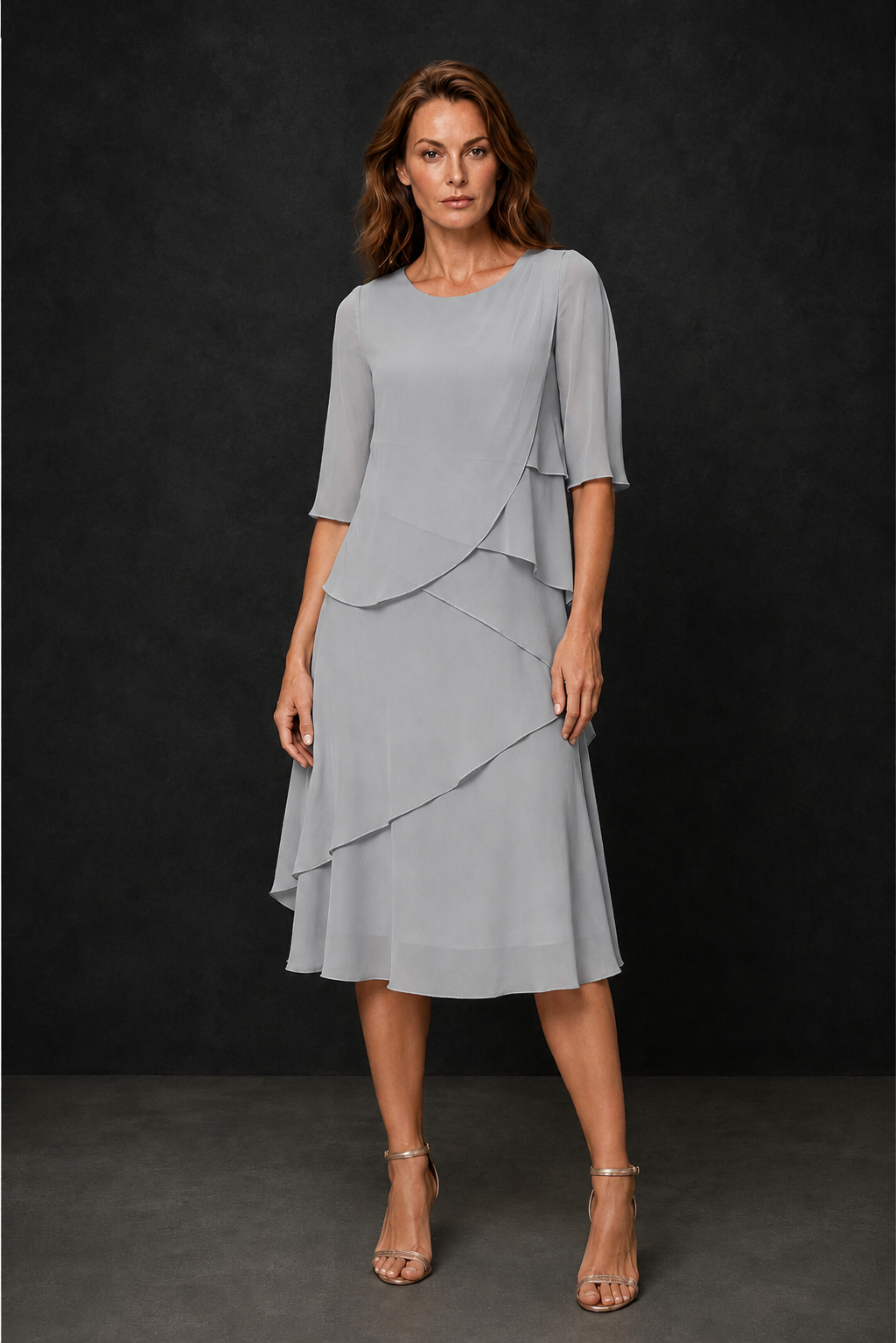 BOLODOO Silver Chiffon 3/4 Sleeve Asymmetric Tiered Tea Length Dress | Mother of the Bride Midi Dress - Silver