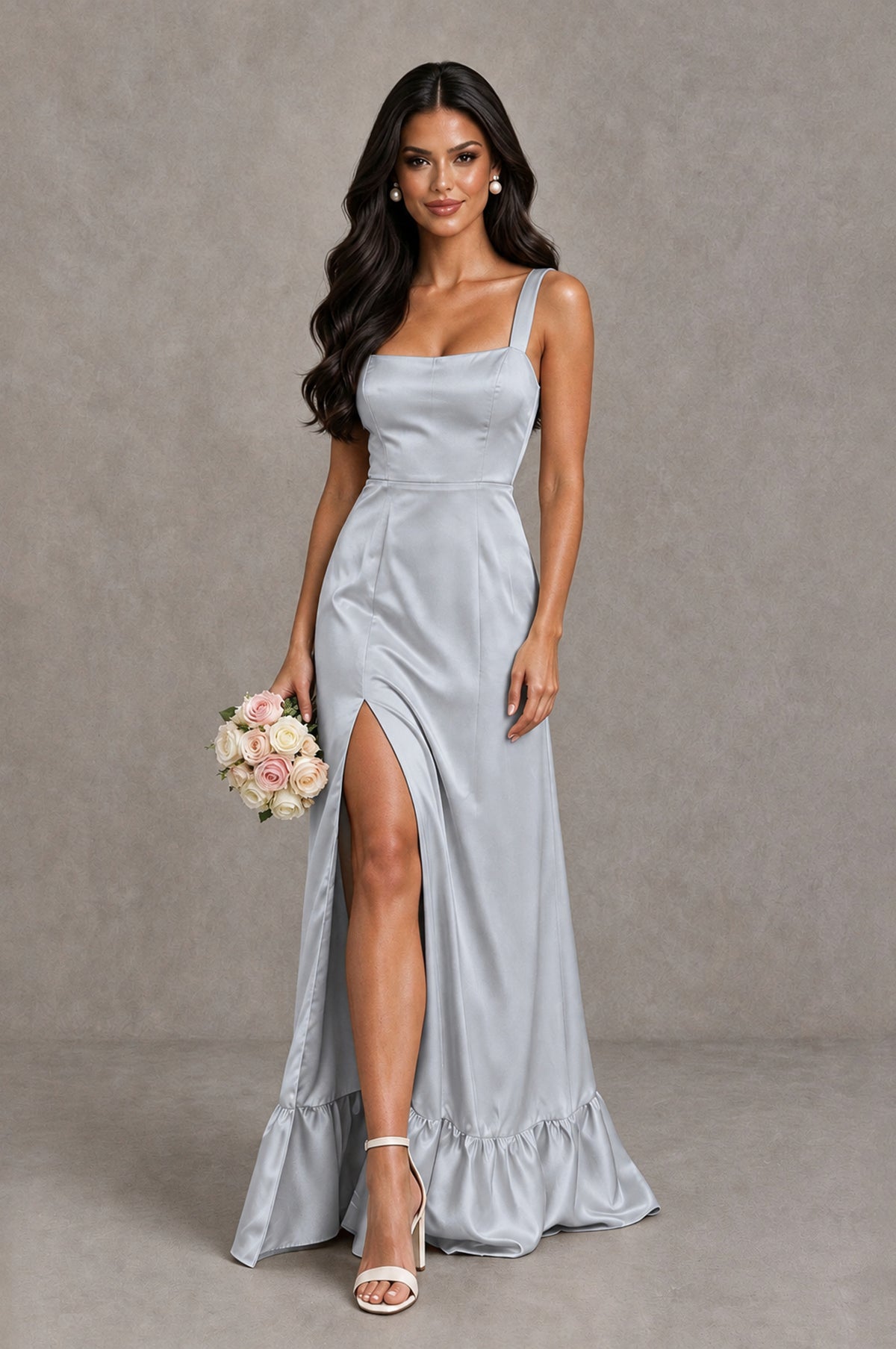 BOLODOO Silver Square Neck Satin Evening Dress with Lace-Up Back and High Slit - Silver - Silver_1