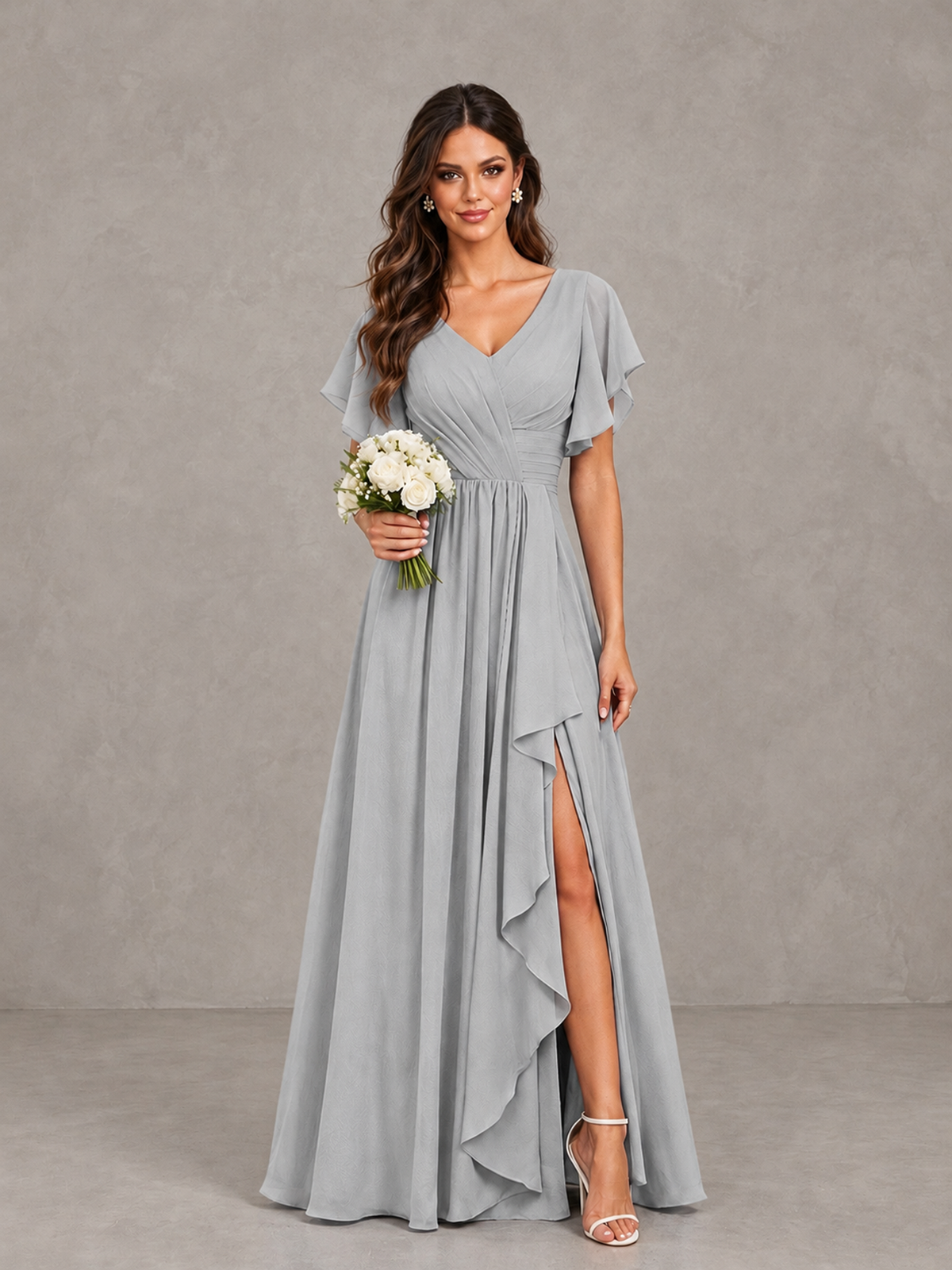 BOLODOO Silver Flutter Sleeve V-Neck Bridesmaid Dress with Ruffle Slit - Silver - Silver_1