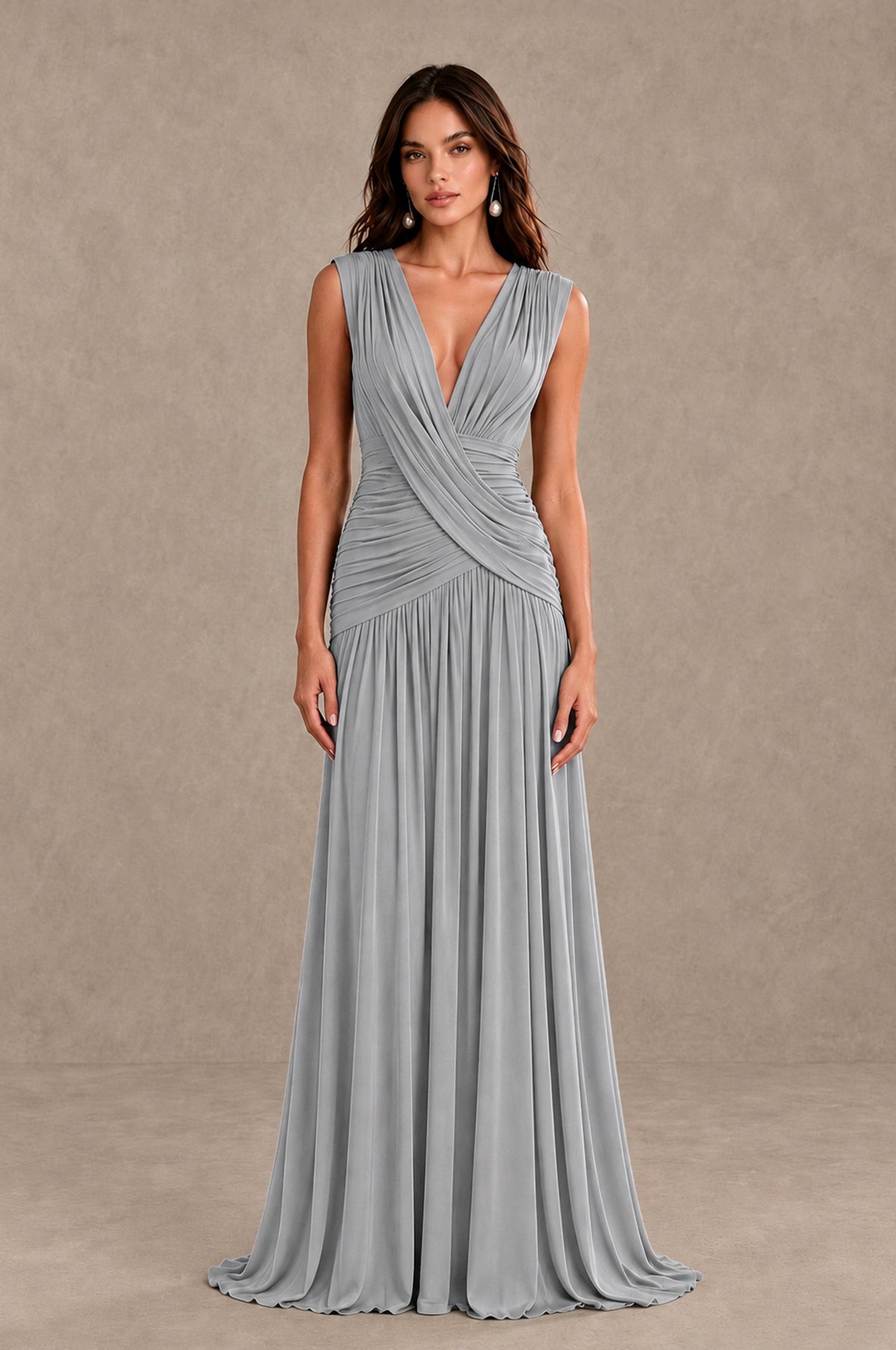 BOLODOO Silver V-Neck Ruched Wedding Guest Dress - Silver - Silver_1