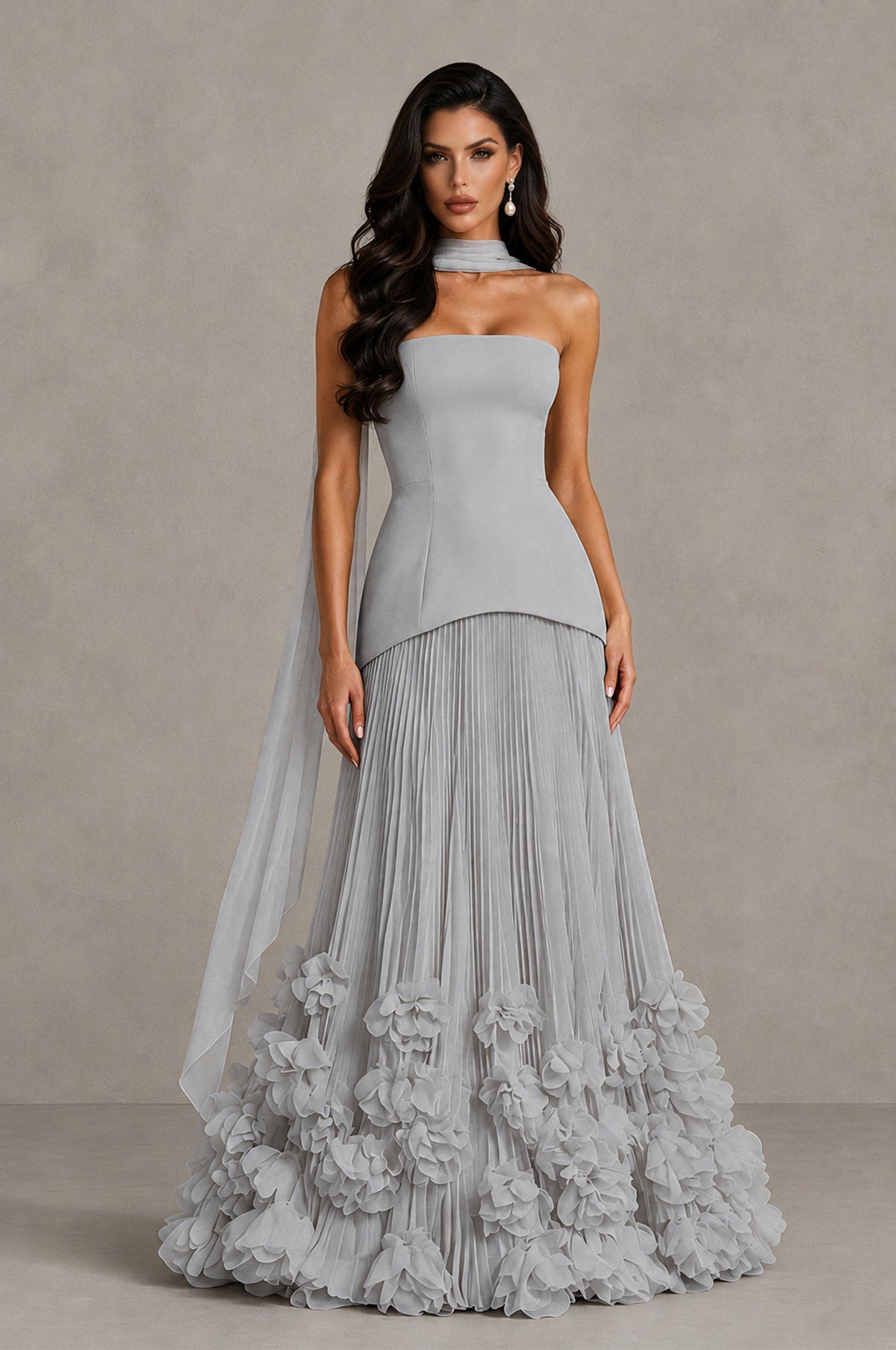 BOLODOO Silver Strapless Pleated Floral Hem Evening Gown - Silver - Silver_1