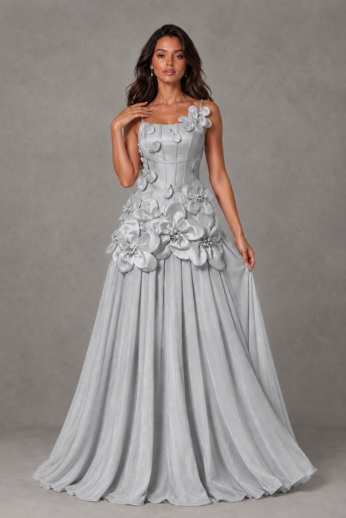 BOLODOO Silver 3D Floral Appliqué Floor-Length A-Line Evening Gown - Silver