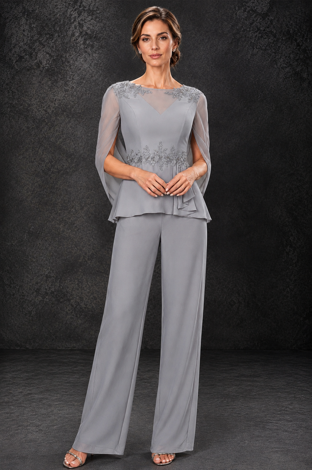 BOLODOO Silver Embellished Cape Sleeve Mother of the Bride Pantsuit - Silver - Silver_1