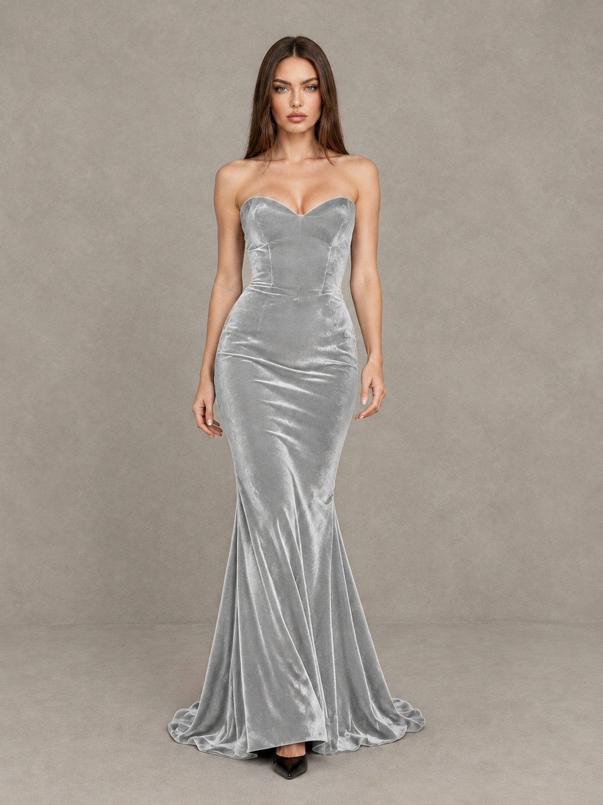 BOLODOO Silver Strapless Sweetheart Velvet-Look Mermaid Evening Dress - Silver - Silver_1