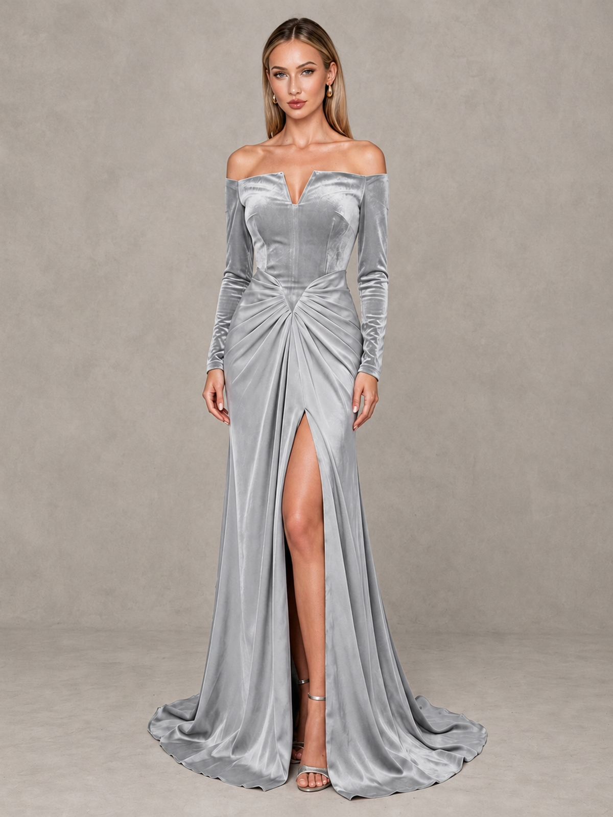 BOLODOO Silver Off-Shoulder Velvet Evening Gown with High Slit - Silver - Silver_1