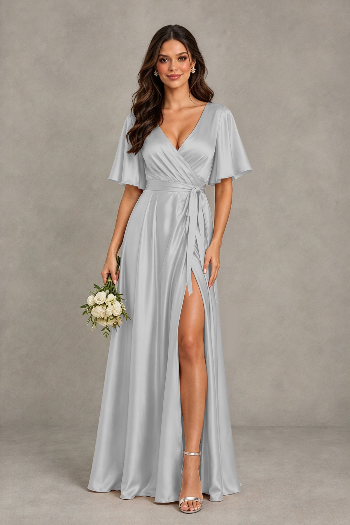 BOLODOO Silver Satin V-Neck Flutter Sleeve Bridesmaid Dress with Slit - Silver - Silver(1)