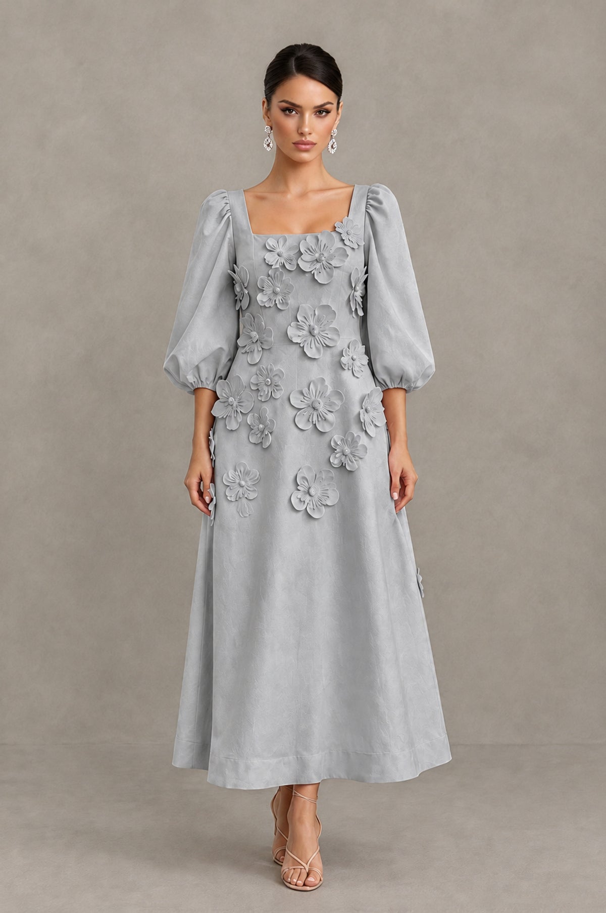 BOLODOO Silver 3D Floral Puff Sleeve Midi Cocktail Dress - Silver - Silver_1