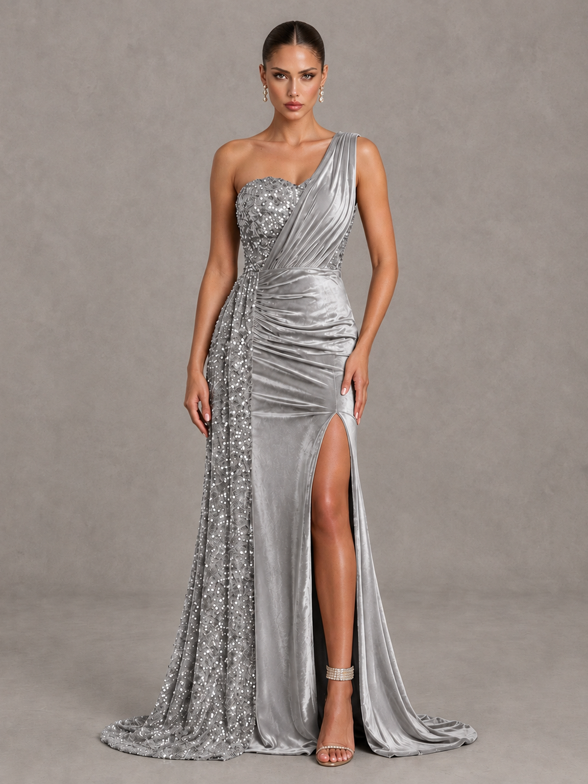 BOLODOO Silver One-Shoulder Satin Sequin Gown with High Slit - Silver - Silver_1