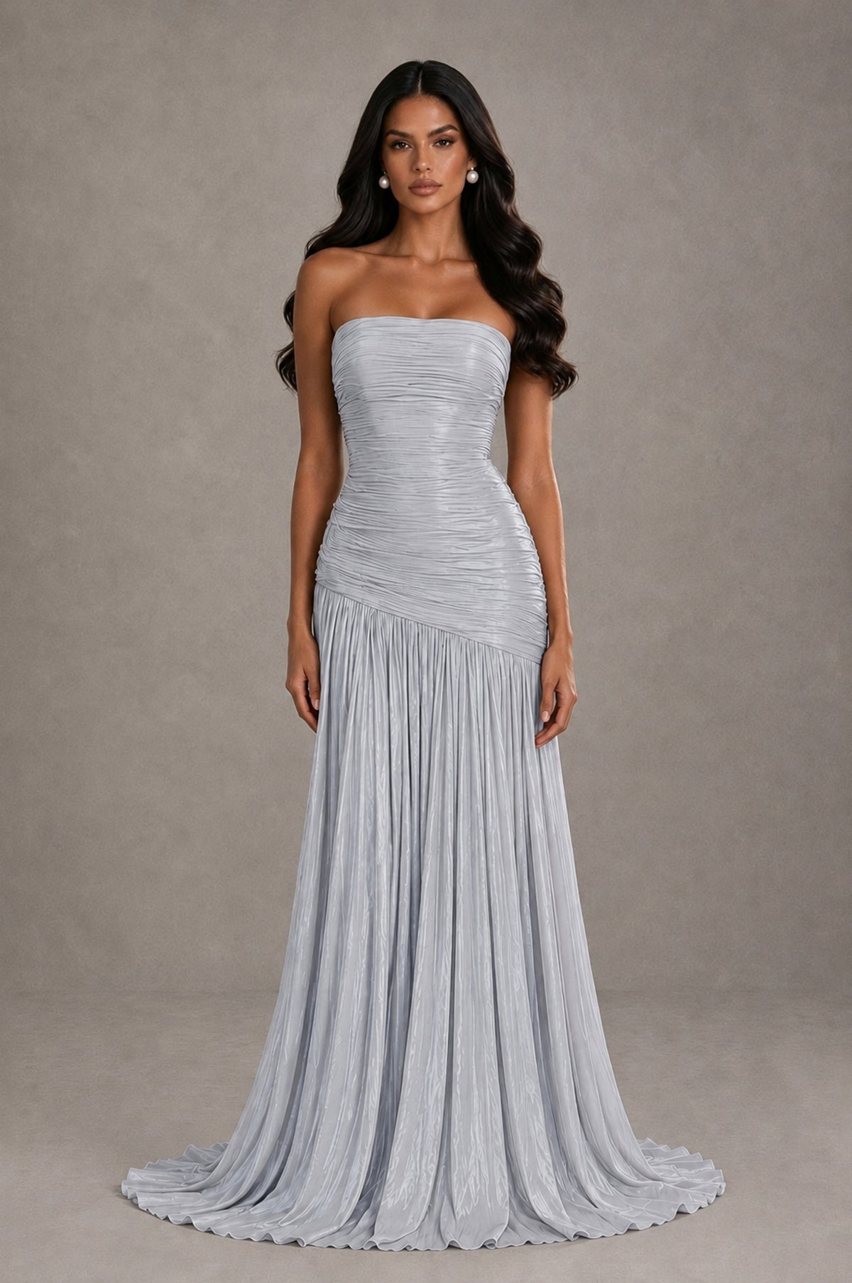 BOLODOO Silver Metallic Ruched Strapless Pleated A-Line Backless Maxi Dress with Train - Silver - Silver_1