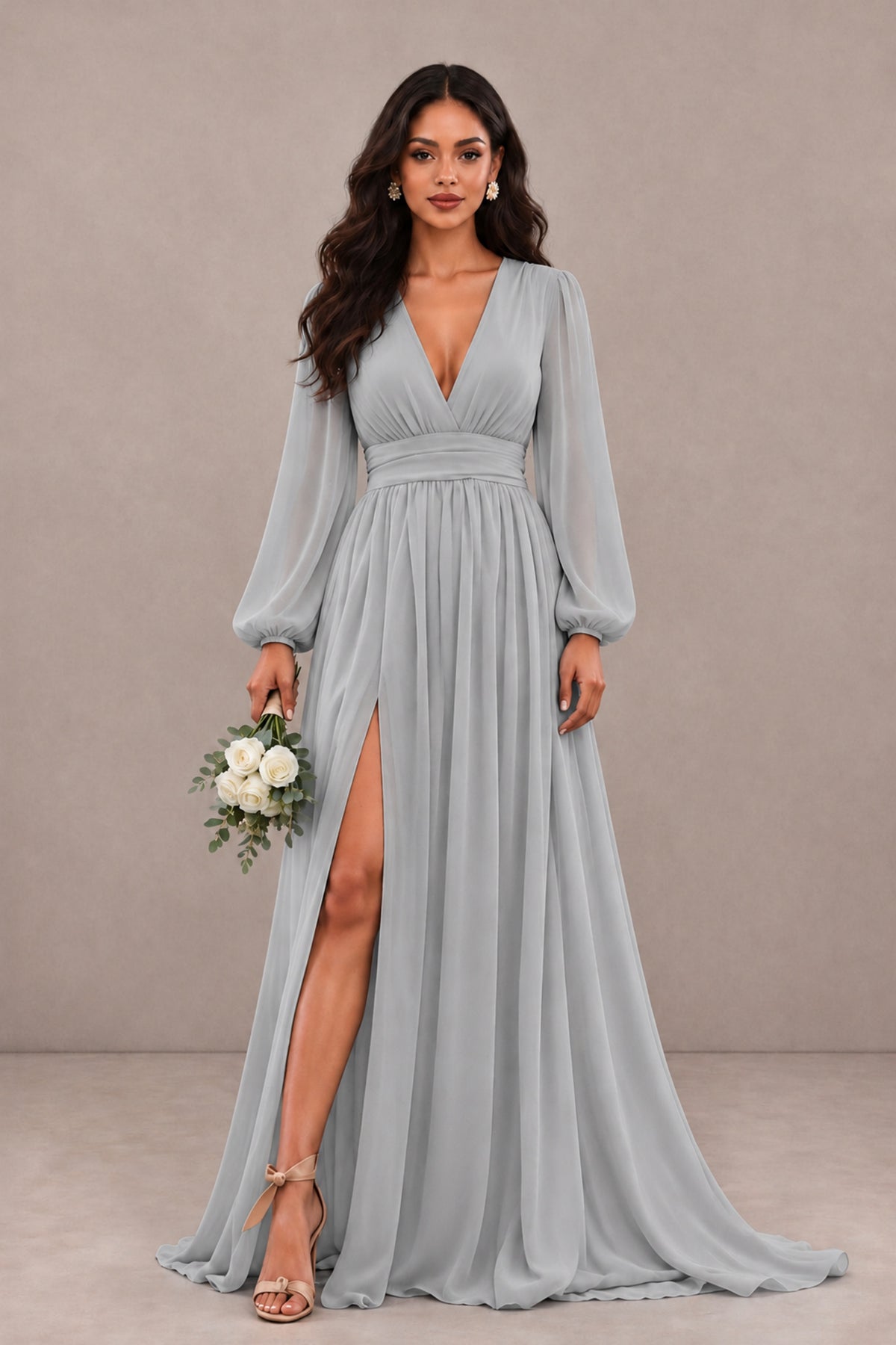 BOLODOO Silver Long Sleeve V-Neck A-Line Gown with Open Back & Slit - Silver - Silver_1