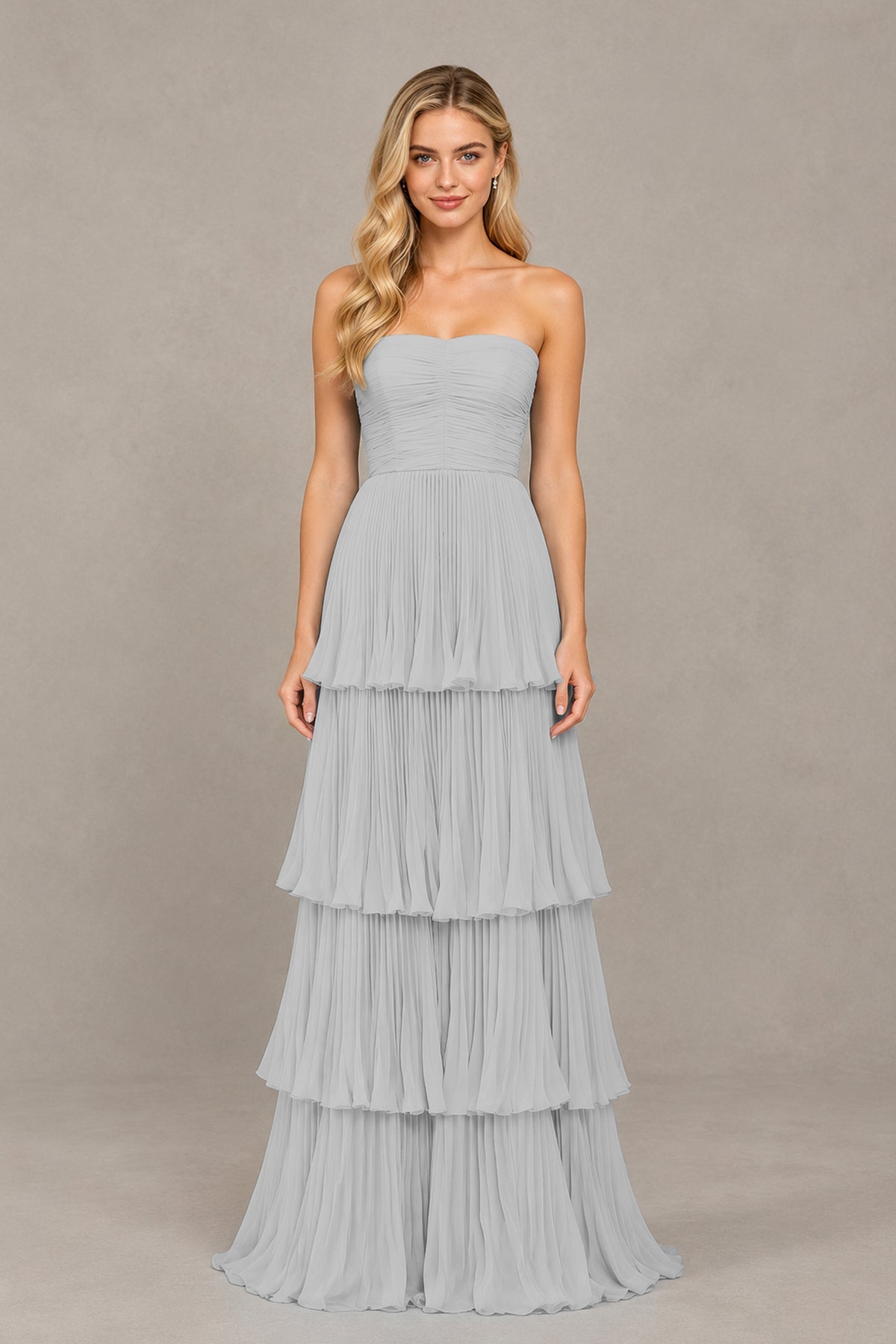 BOLODOO Silver Strapless Tiered Chiffon Maxi Dress - Silver