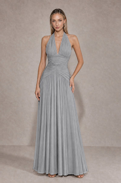 BOLODOO Silver Chiffon Halter Deep V-Neck Ruched A-Line Backless Maxi Dress with Train-BD0167 - Silver - Silver_1