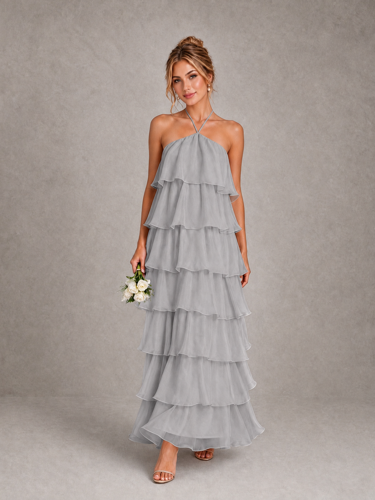 BOLODOO Silver Halter Tiered Ruffle Maxi Bridesmaid Dress - Silver - Silver_1