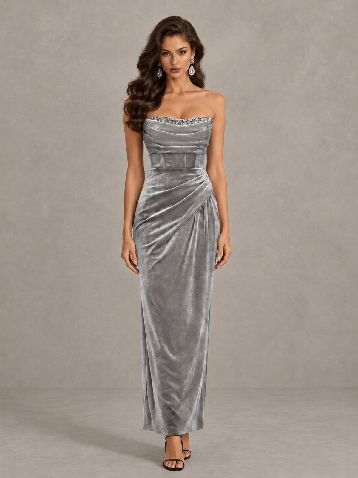 BOLODOO Silver Strapless Velvet Cocktail Maxi Dress - Silver - Silver_1