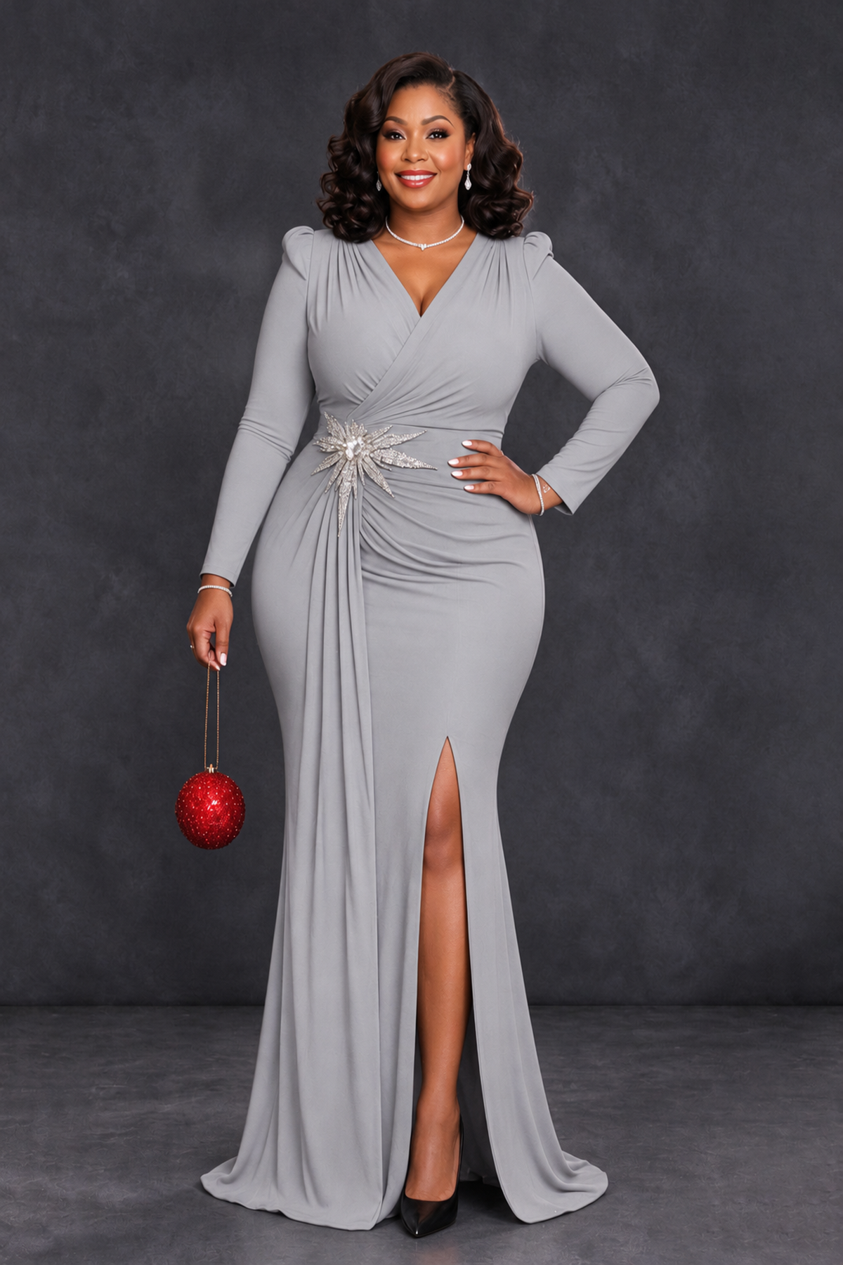 BOLODOO Silver Plus Size Long Sleeve V-Neck Mother of the Bride Dress with Slit - Silver - Silver_1