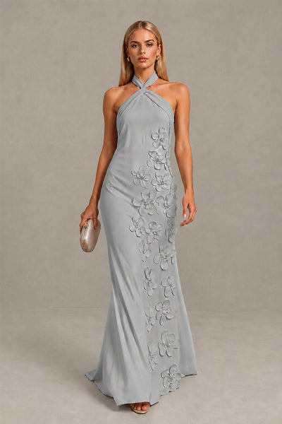 BOLODOO Silver Cross Halter Neck 3D Floral Appliqué Backless Mermaid Maxi Gown - Silver - Silver_1