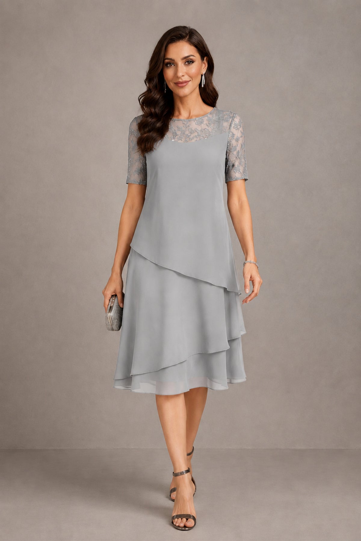 BOLODOO Silver Illusion Lace Short Sleeve Tiered Chiffon Tea Length Dress | Mother of the Bride Midi Dress - Silver