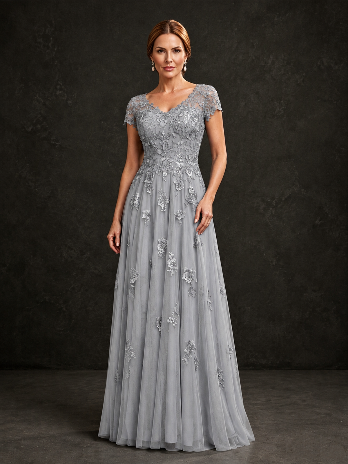 BOLODOO Silver Cap Sleeve Lace Appliqué A-Line Formal Gown | Mother of the Bride Dress - Silver - Silver_1