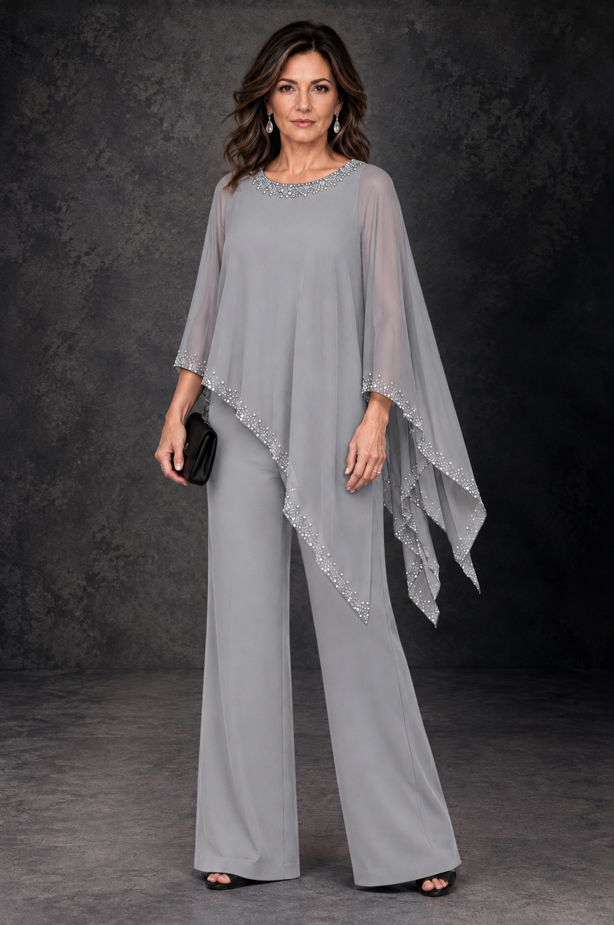 BOLODOO Silver Embellished Cape Mother of the Bride Pantsuit - Silver - Silver_1