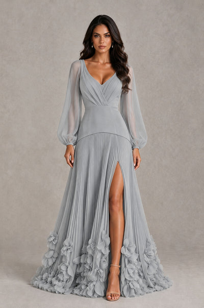 BOLODOO Silver V-Neck Long Sleeve Pleated Floral Hem Evening Dress - Silver - Silver_1