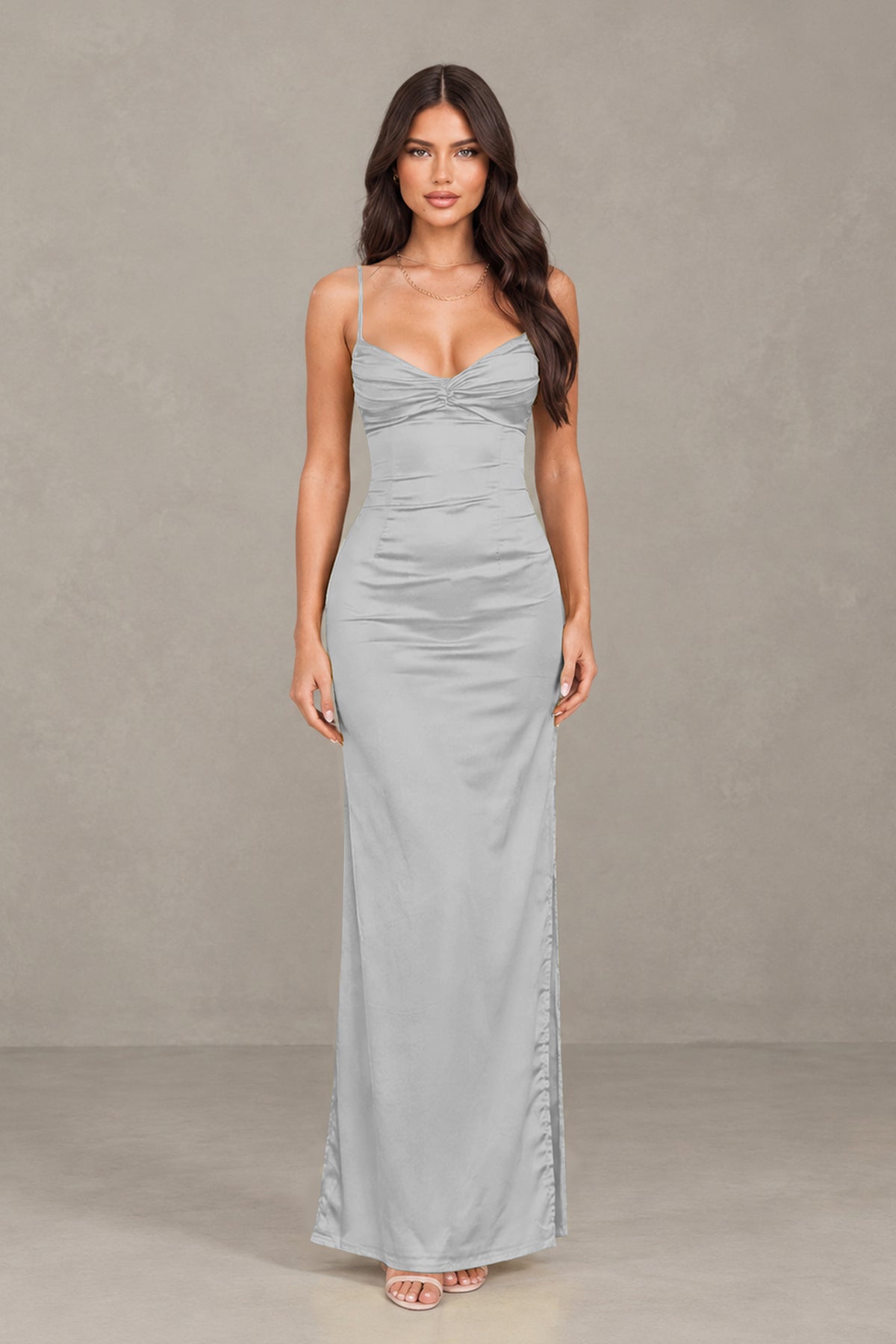 BOLODOO Silver Satin Cowl Neck Open Back Mermaid Maxi Dress with Side Slit - Silver