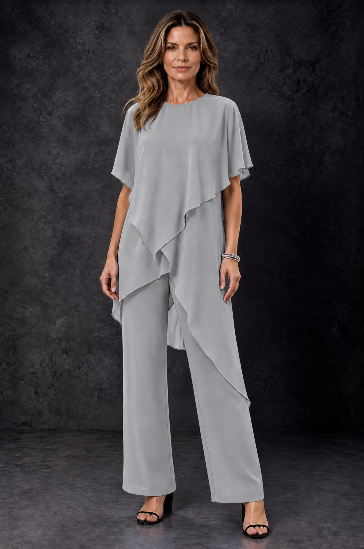 BOLODOO Silver Chiffon Two Piece Mother of the Bride Pant Suit - Silver - Silver_1