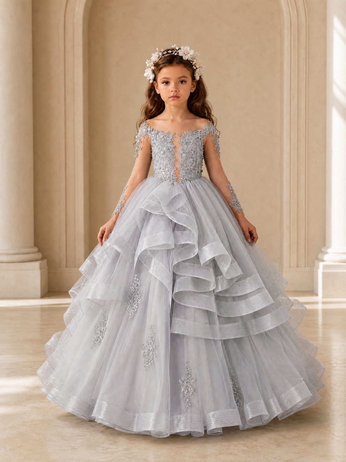BOLODOO Silver Lace Long Sleeve Tiered Flower Girl Dress - Silver - Silver_1