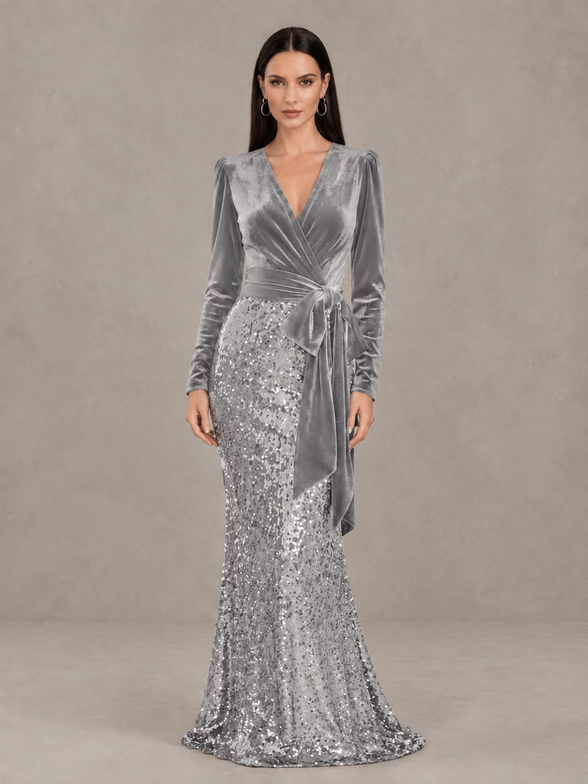 BOLODOO Silver Velvet & Sequin Long Sleeve V-Neck Mermaid Evening Gown - Silver - Silver_1