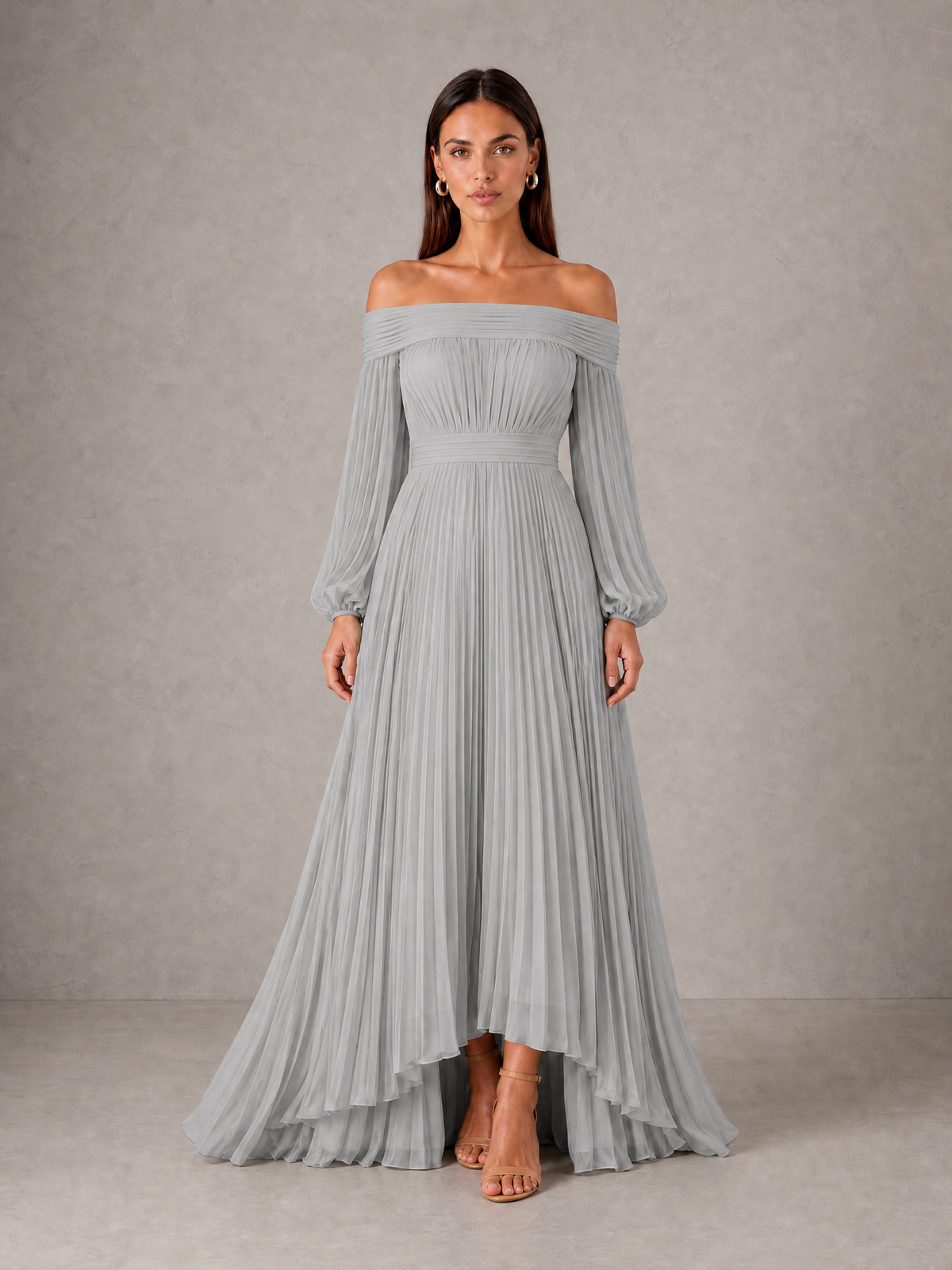 BOLODOO Silver Off-Shoulder Long Sleeve Pleated High-Low Dress - Silver - Silver_1