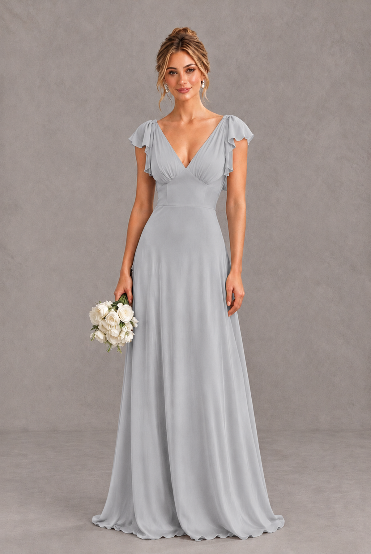 BOLODOO Silver V-Neck Flutter Sleeve A-Line Bridesmaid Dress - Silver - Silver_1