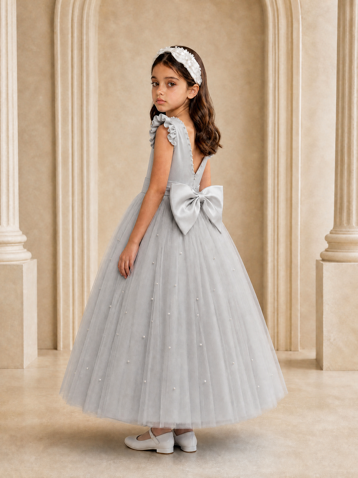 BOLODOO Silver Tulle Flower Girl Dress with Ruffle Sleeves & Bow Back - Silver - Silver_1