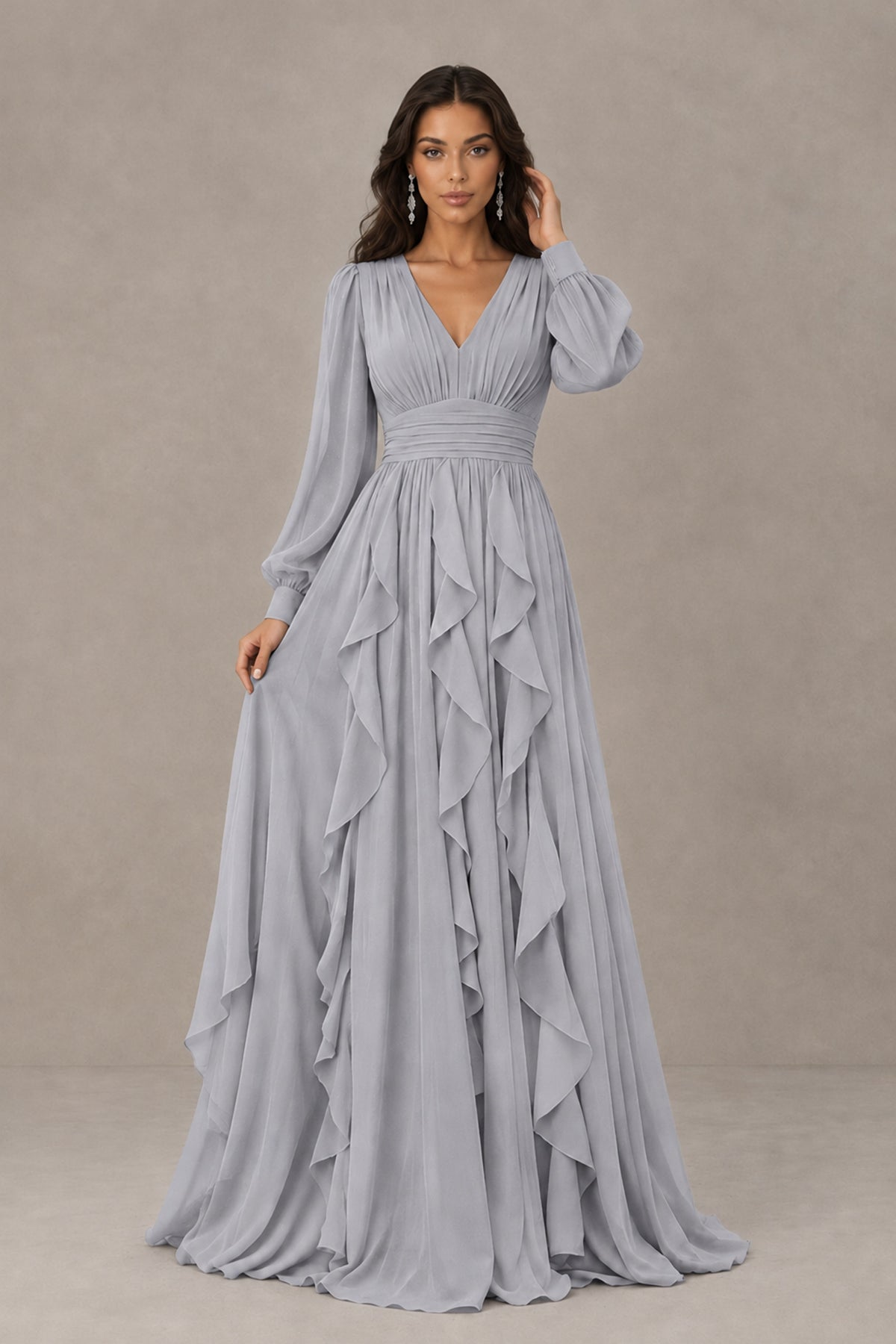 BOLODOO Silver Long Sleeve V-Neck Ruffle Maxi Dress - Silver