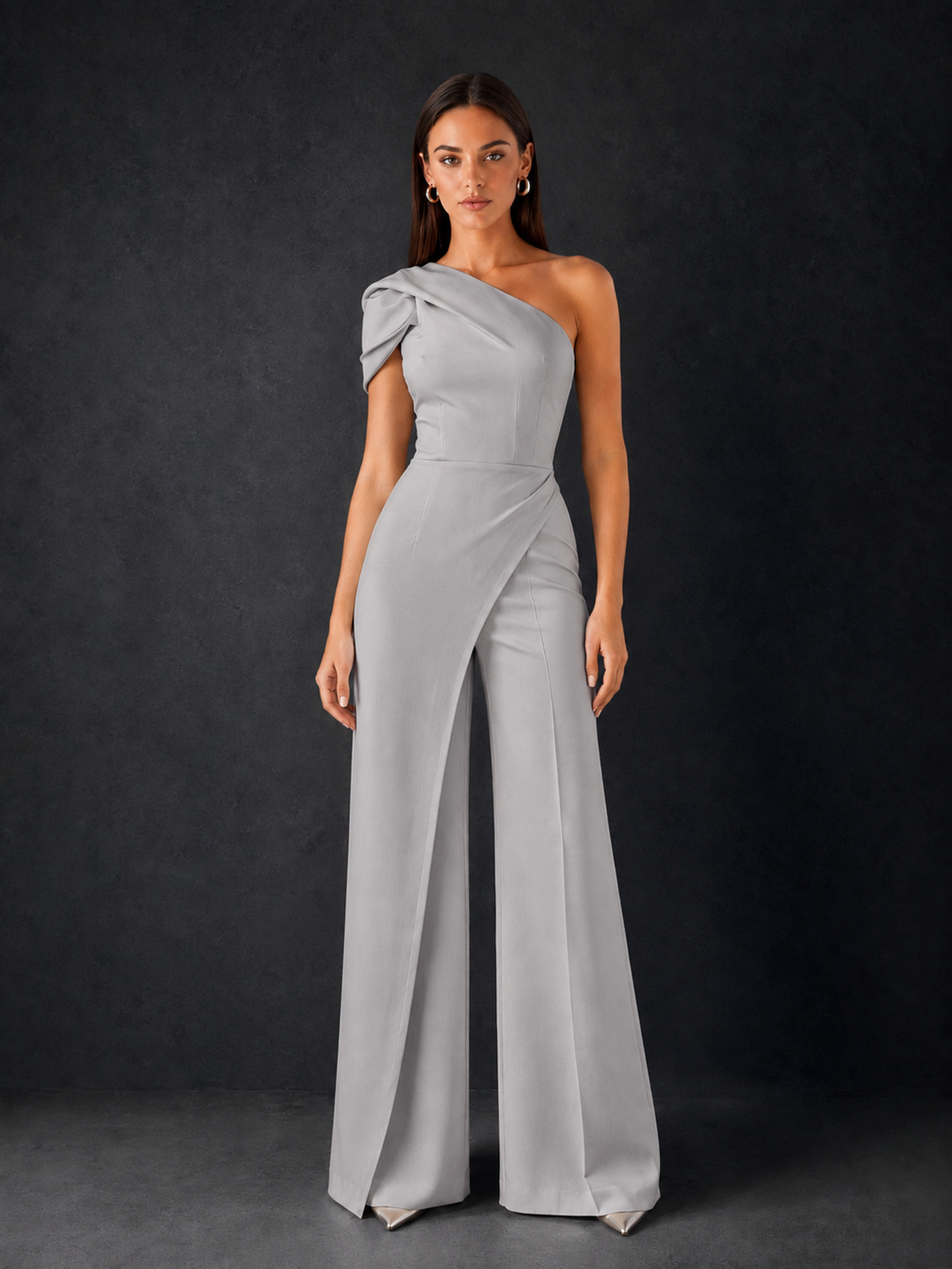 BOLODOO Silver One-Shoulder Puff Sleeve Wide-Leg Jumpsuit with Front Slit and Open Back - Silver