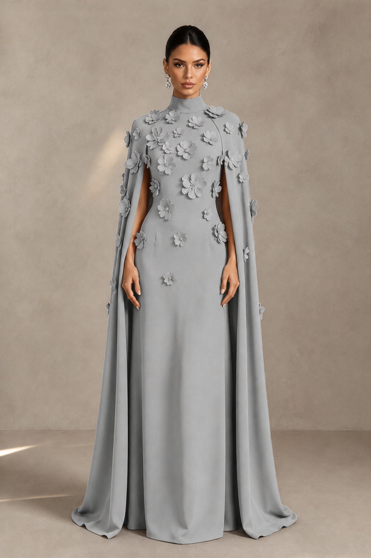 BOLODOO Silver 3D Floral Applique Cape Formal Dress - Silver - Silver_1