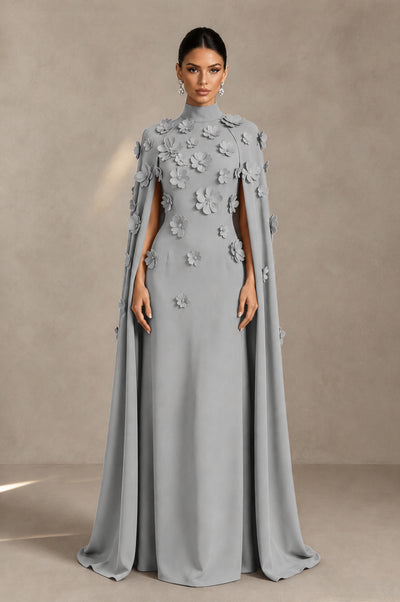 BOLODOO Silver 3D Floral Applique Cape Formal Dress - Silver - Silver_1