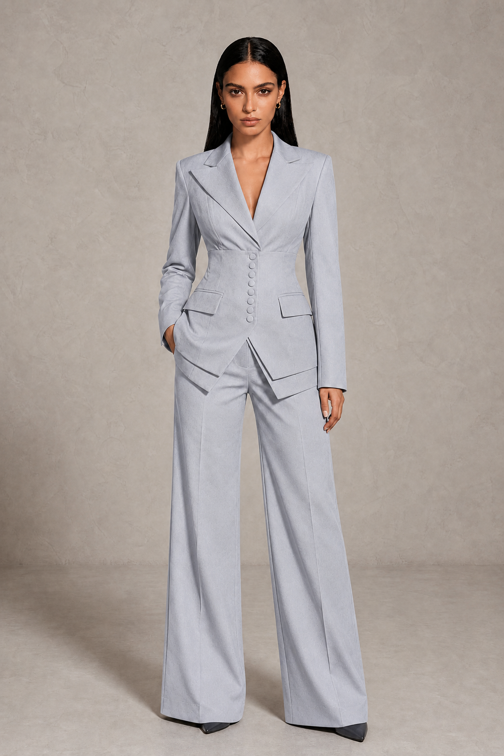 BOLODOO Silver Cinched Waist Blazer and Wide Leg Pants Two Piece Suit Set - Silver